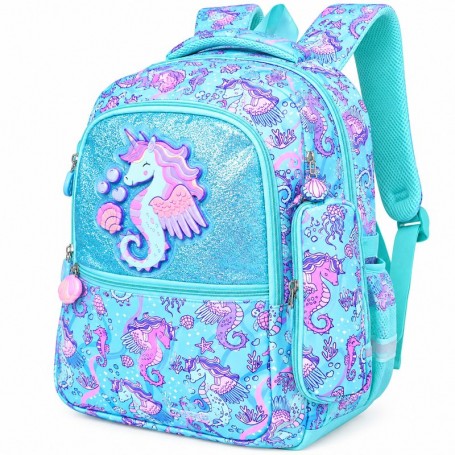 Sac à dos scolaire Hippocampe avec trousse – Bleu turquoise – SC3440