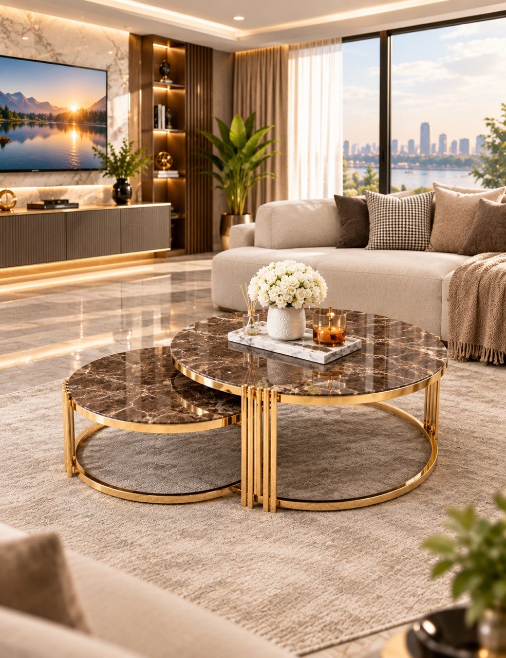 Table Basse Ensemble 2 Pièces Marron Marbre
