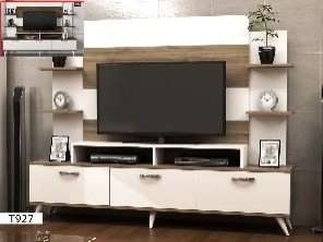 T927 Table TV + Étagère Blanc-Noyer 180 cm – Meuble TV Moderne et Fonctionnel pour Salon