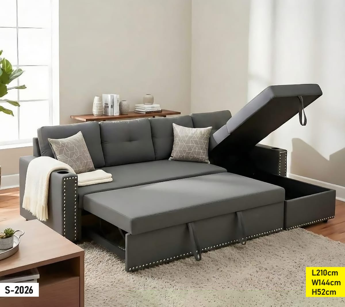 Canapé d’Angle Convertible S-2026 210×144 cm avec Lit Intégré et Coffre
