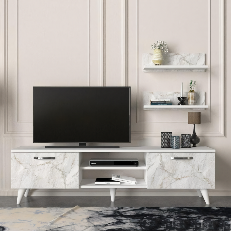 T807 Meuble TV Blanc Geacles Tv Unit White – White Marble – 1500/406/295