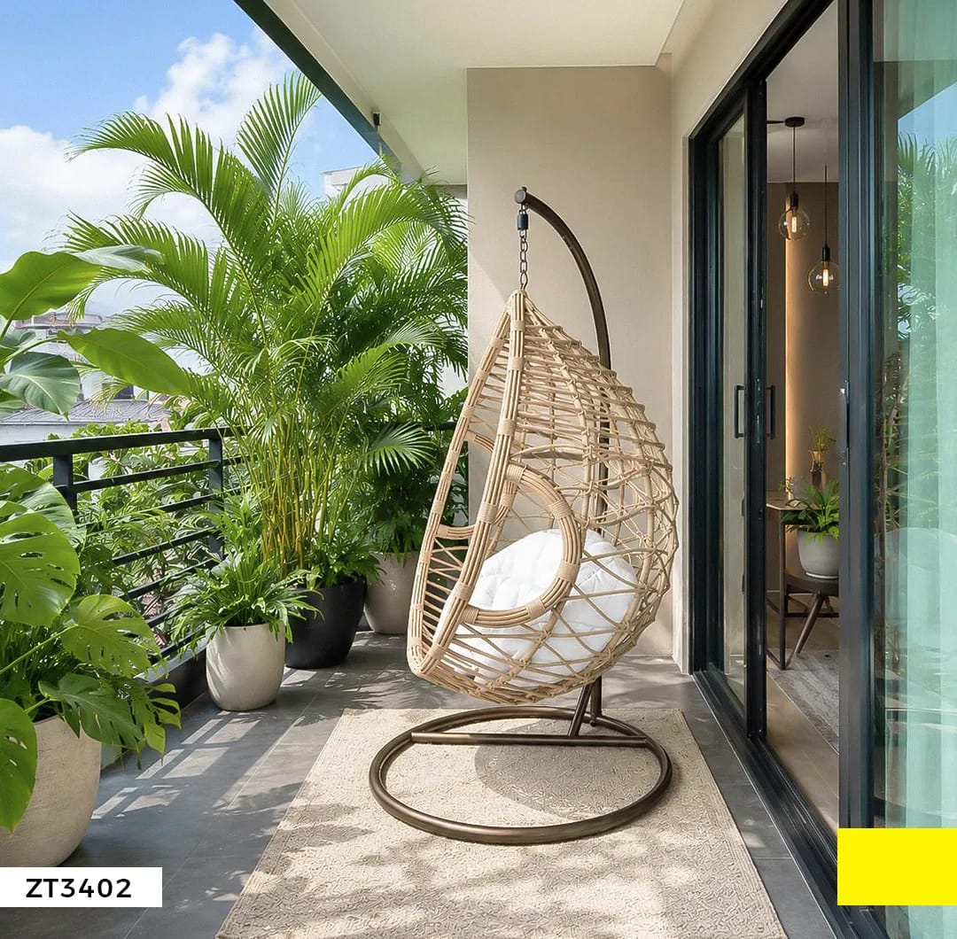 Balançoire Suspendue en Rotin Synthétique Beige avec Coussins Blancs ZT3402 | Fauteuil Œuf Design