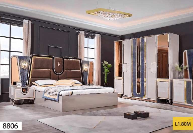 Chambre à Coucher 8806 – Lit 180×200 + Armoire 6 Portes – Marron et Beige Élégant