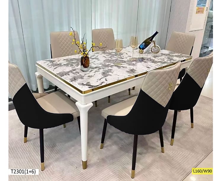 Table à Manger T2301(1+6) – 6 Places – Noir et Beige – Design Moderne et Élégant