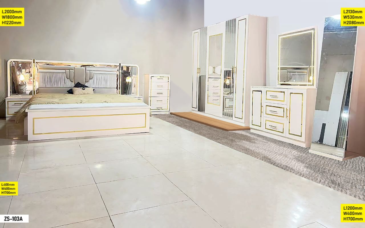 Chambre à Coucher ZS-103A Bois Laqué Blanc avec Finitions Dorées – Ensemble Complet Lit, Armoire et Coiffeuse