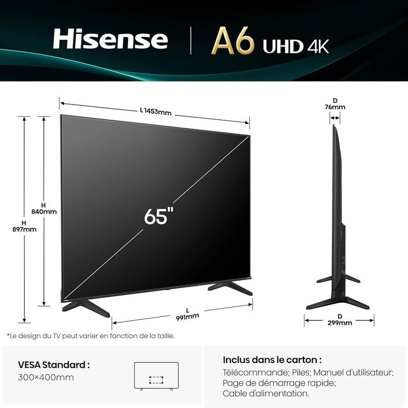 Téléviseur TV Hisense 65″ QLED 4K VIDAA – Modèle A6Q