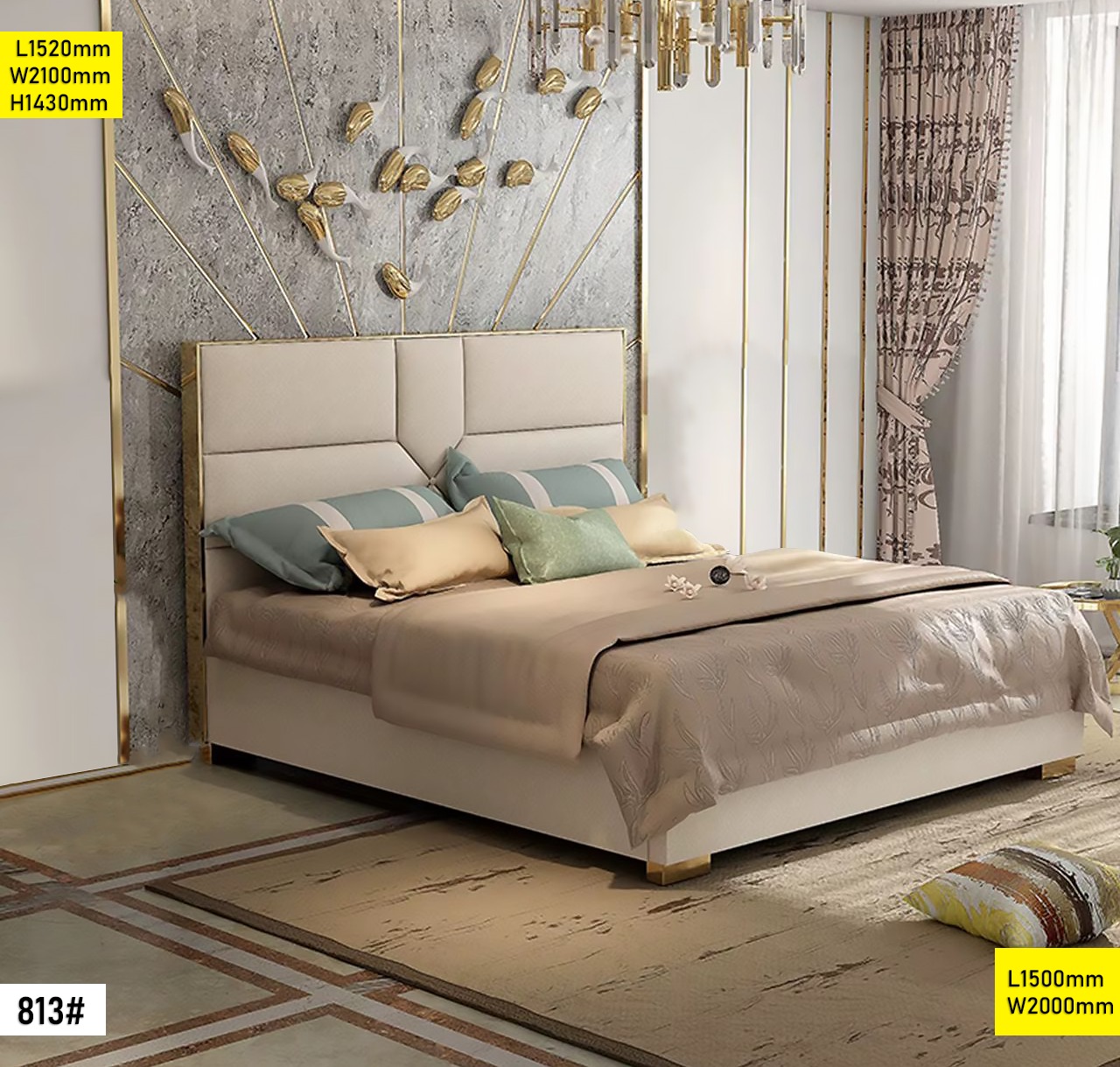 Lit 1.50M 150×200 Design Moderne – Lit Double Confort avec Tête de Lit Élégante – Modèle 813#