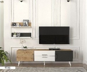 T726 – Table TV + Étagère Marron/Blanc/Noir 1,60 m