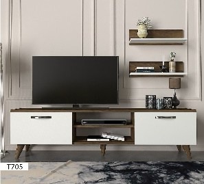 T807 – Table TV + Étagère Moderne Blanc/Marron 180 cm