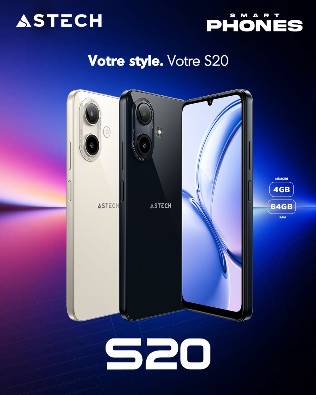 Smartphone ASTECH S20 – 4GB RAM + 64GB Mémoire – Design Élégant