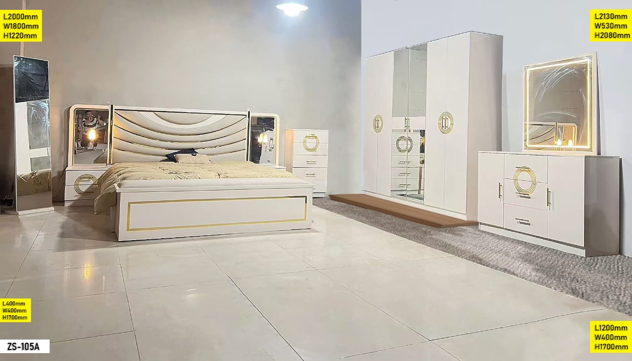 Chambre à Coucher ZS-105A Bois Laqué Blanc avec Motifs Dorés – Lit, Armoire et Coiffeuse