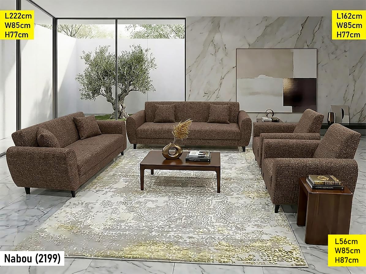 Salon Complet 7 Places Marron Nabou 2199 – Canapés et Fauteuils en Tissu Chinille