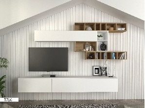 Meuble TV T716 avec Étagère Murale – Blanc/Marron Clair