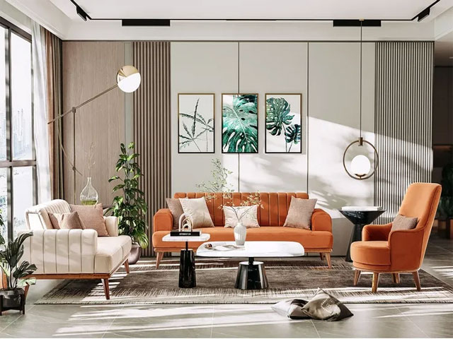 Salon Tissu 6 Places Moderne Beige Orange – Canapé luxe Design Dakar Sénégal