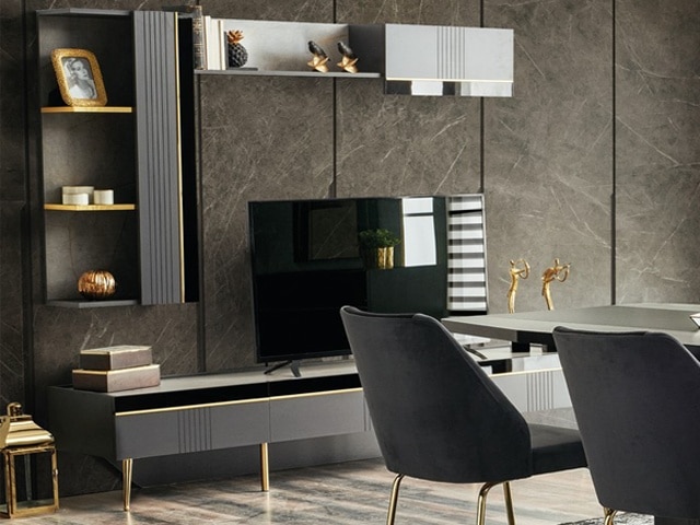 Meuble TV FORLI Noir Gris 213 cm Design Moderne