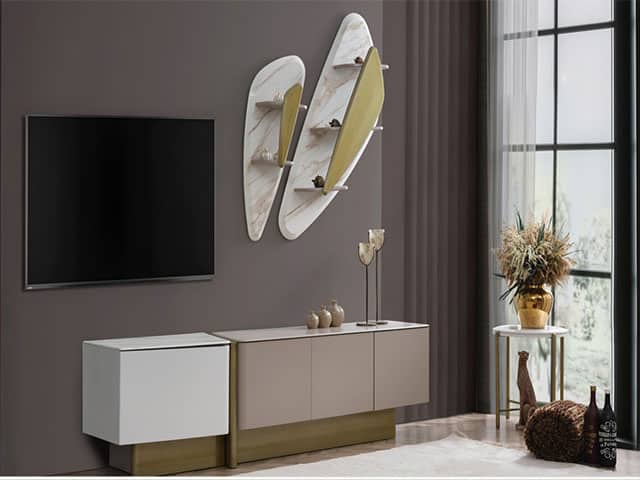 Meuble TV DEFNE moderne blanc beige marron Dakar