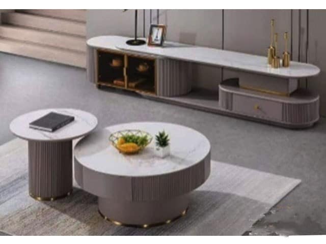 Meuble TV + Tables Salon REF2101 Gris Blanc Moderne