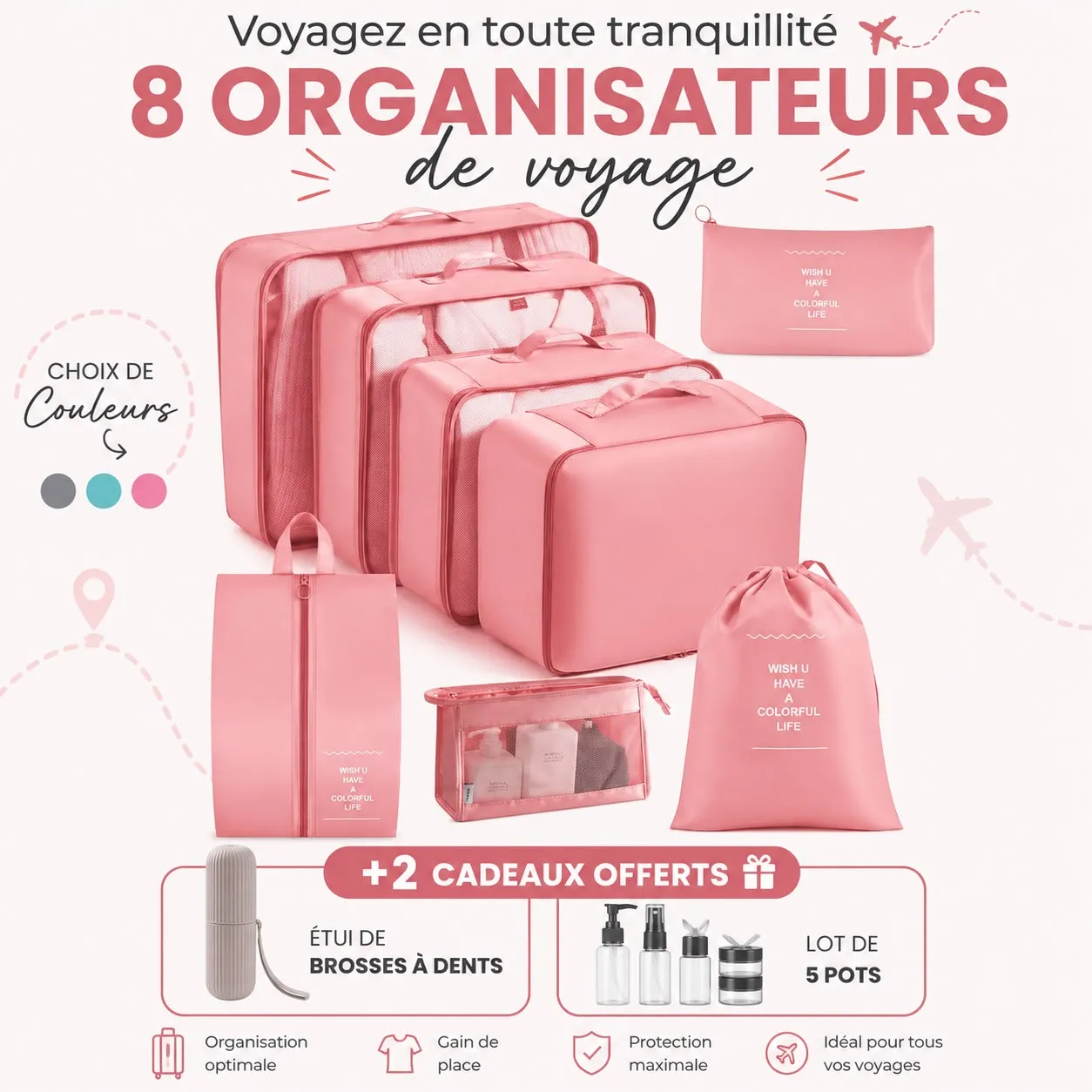 8 ORGANISATEURS DE VALISE+2 cadeaux offerts - Rose