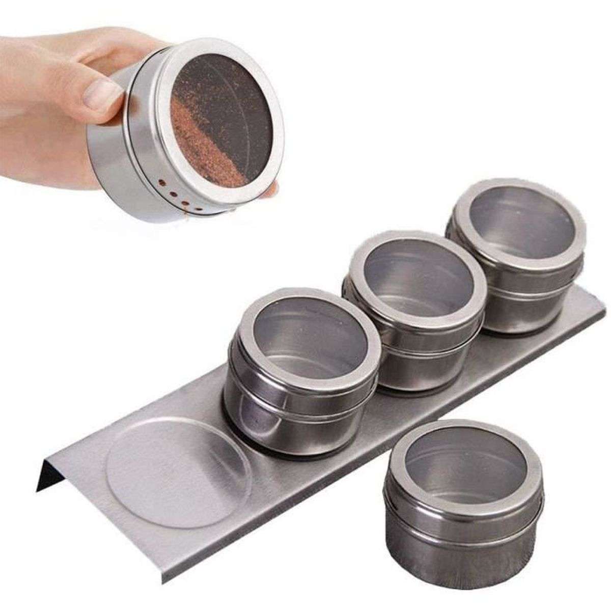 Lot de 4 Pots à Epices Magnétiques avec Support