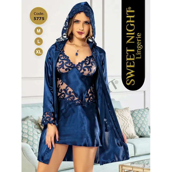 Ensemble 2 pièces robe et nuisette en satin et guipure de haute qualité – S109-blue