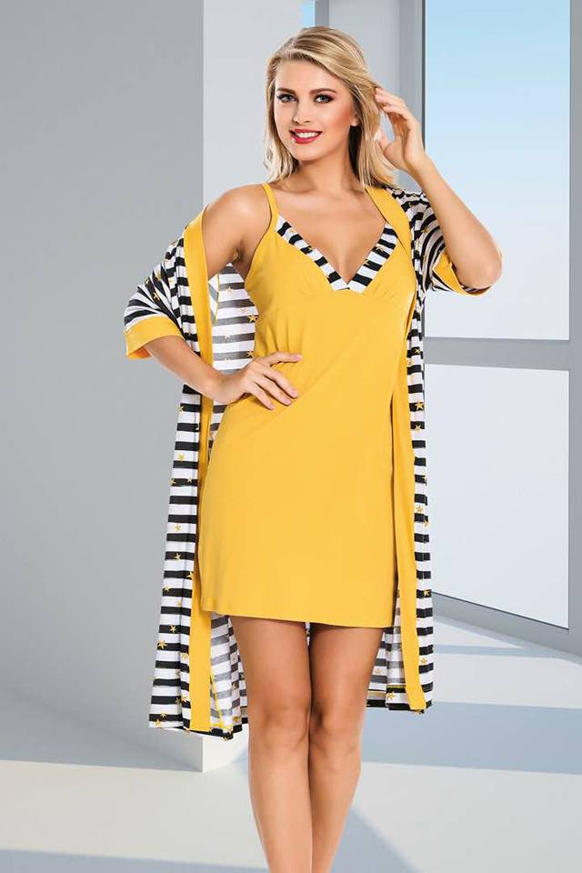 ENSEMBLE PYJAMA COTON 4PIECES JAUNE RAYURES