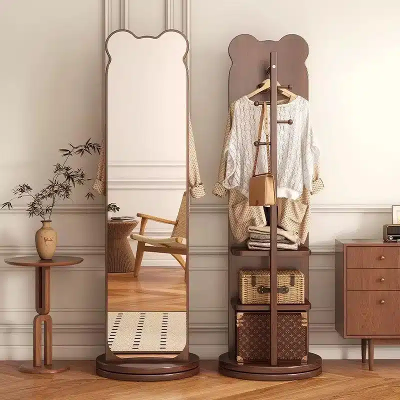 Miroir de dressing 2 en 1 intégré au sol en verre et bois rotatif
