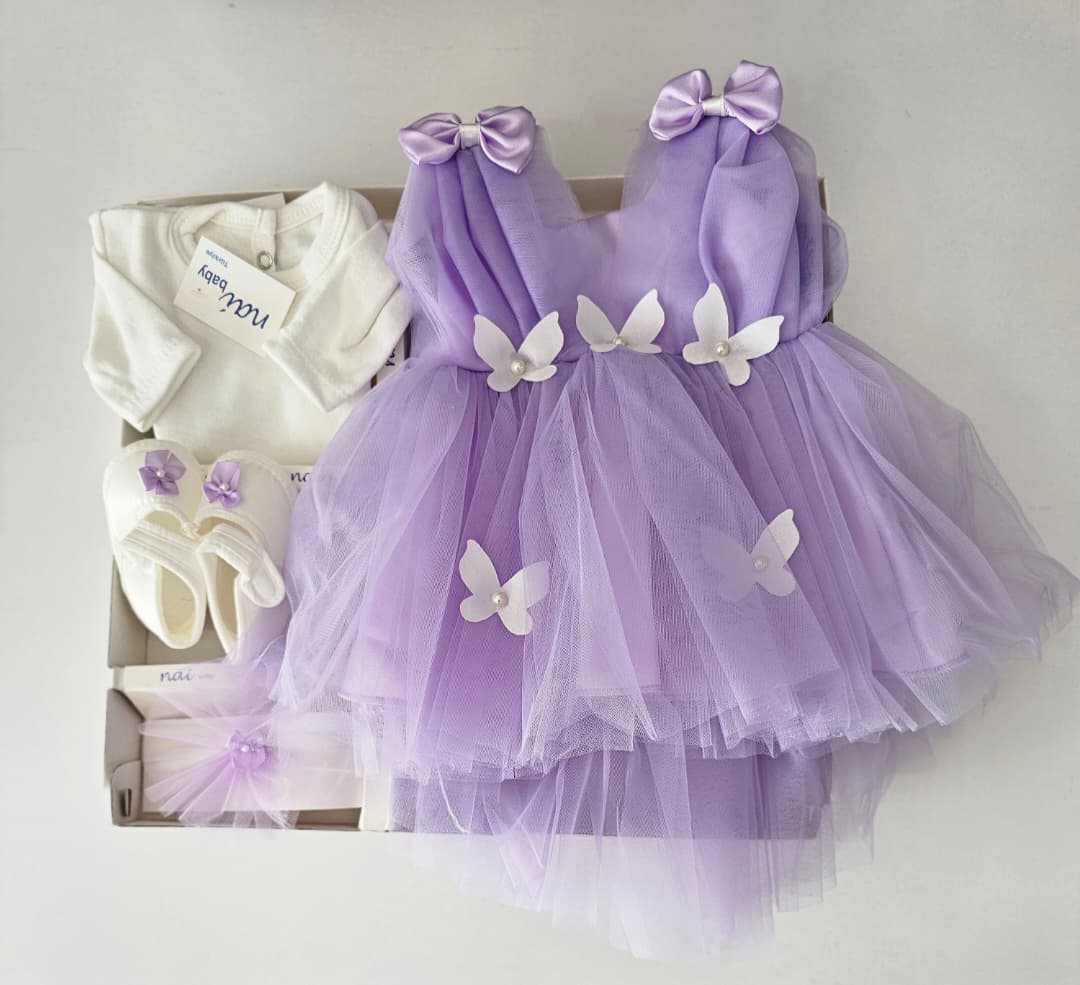 🎀 Coffret naissance fille – Robe princesse papillon 🦋💜