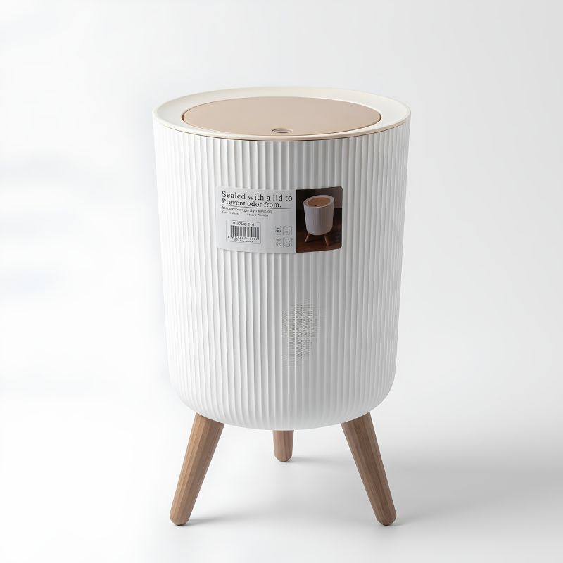 Poubelle sur Pieds Scandinave Blanche avec Couvercle Effet Bois – 7L