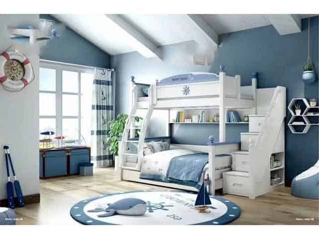 Chambre à coucher Enfant Superposée Bleu Blanc avec Rangement