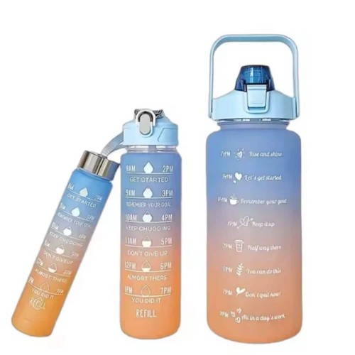 Lot de 3 Gourdes avec Paille et Marqueurs de Temps – Bouteilles d’Eau Étanches (2L + 750ml + 300ml)