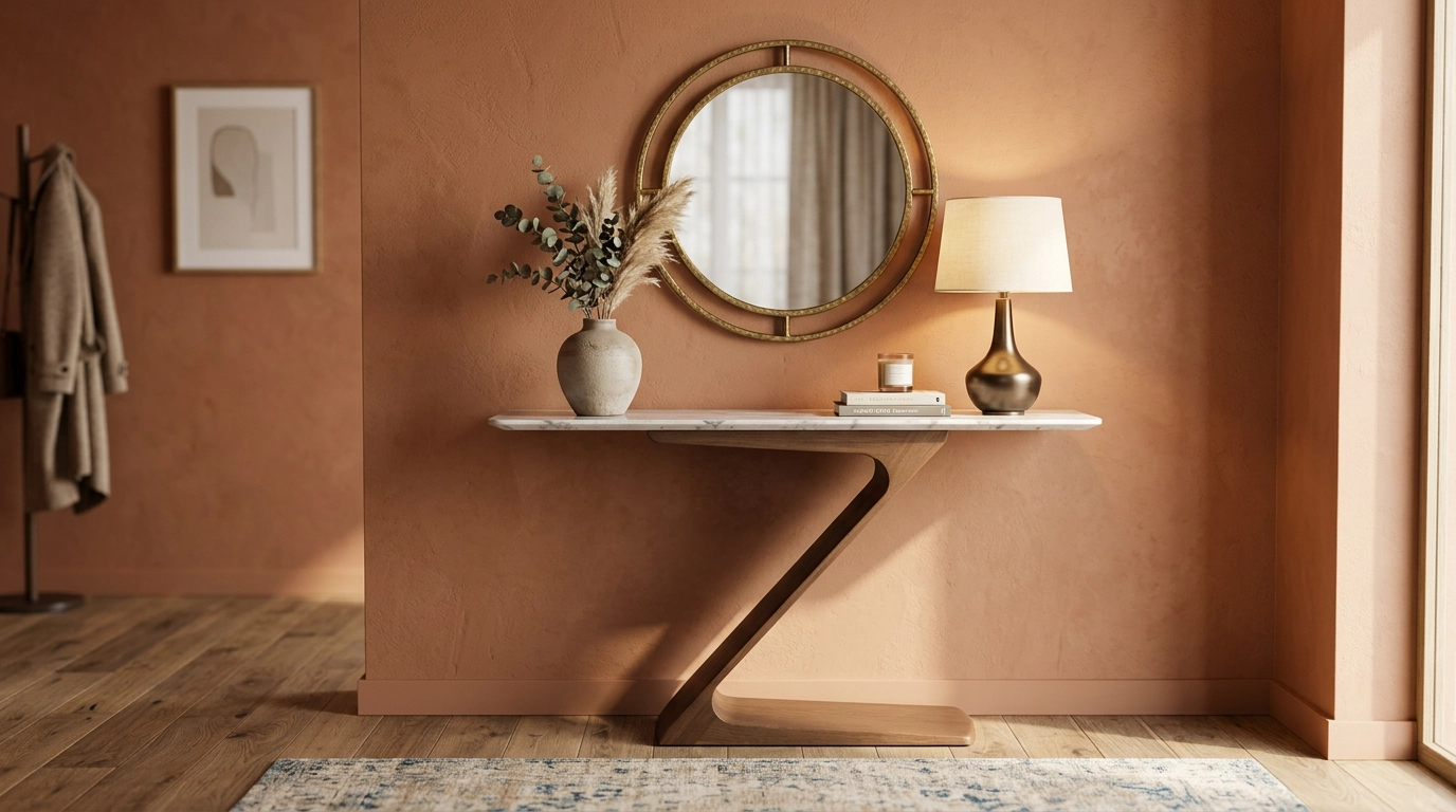 CONSOLE MARBRE BLANC CALACATTA PIED BOIS NOYER FORME Z