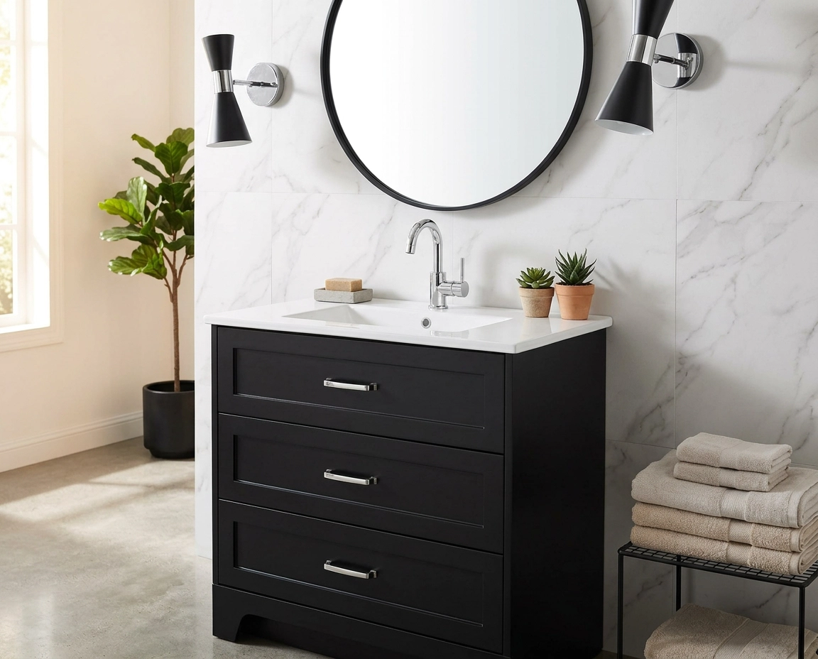 MEUBLE VASQUE 80X48X85 NOIR 3 TIROIRS AVEC VASQUE CERAMIQUE INTEGREE