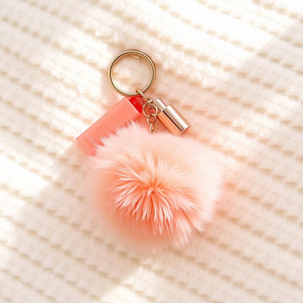PORTE CLEFS POMPOM DOUX AVEC GLOSS A LEVRES INTEGRE