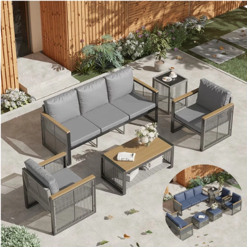 SALON DE JARDIN 7 PIECES (2 COULEURS AUX CHOIX) BLEU ET GRIS