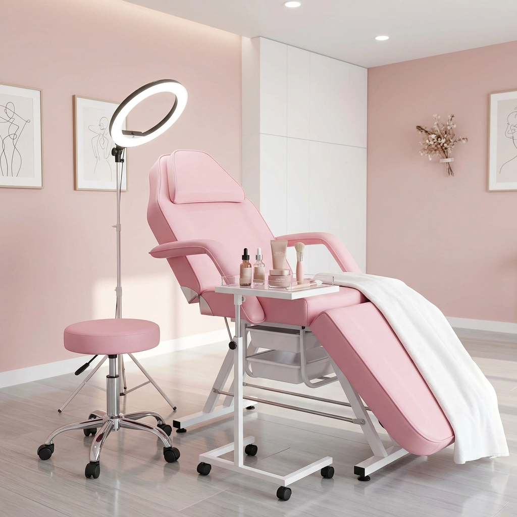 CHAISE ESTHETIQUE ROSE AVEC TABOURET ASSORTI