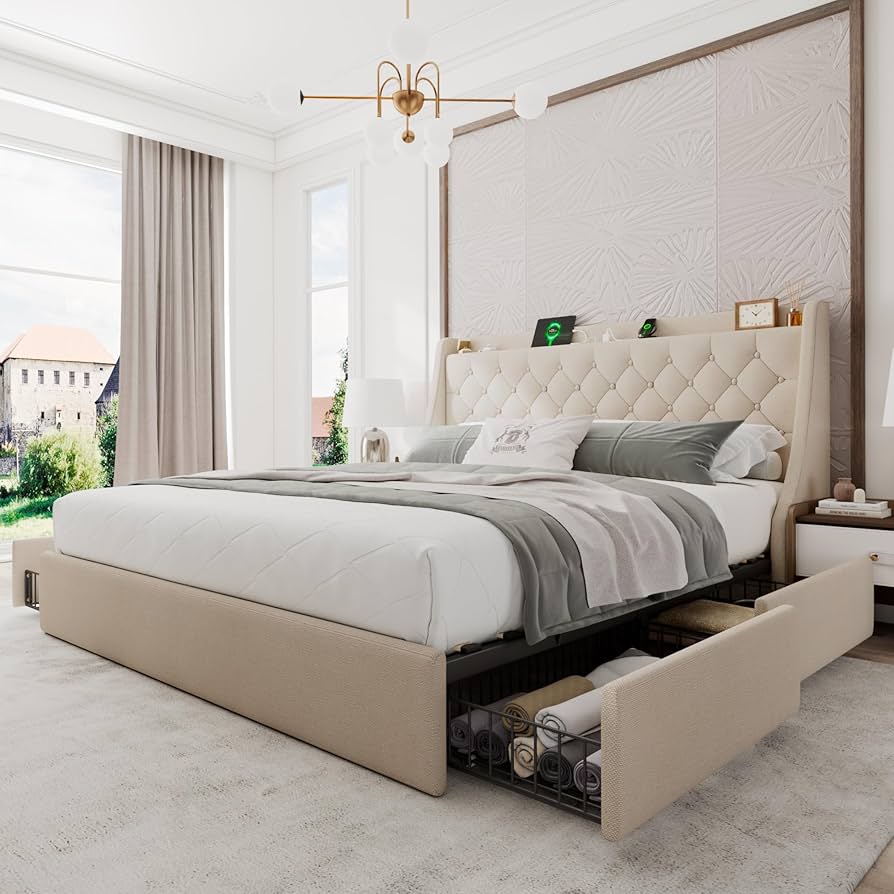 LIT REMBOUREE 180X200 AVEC TIROIRS KING SIZE CLR BEIGE