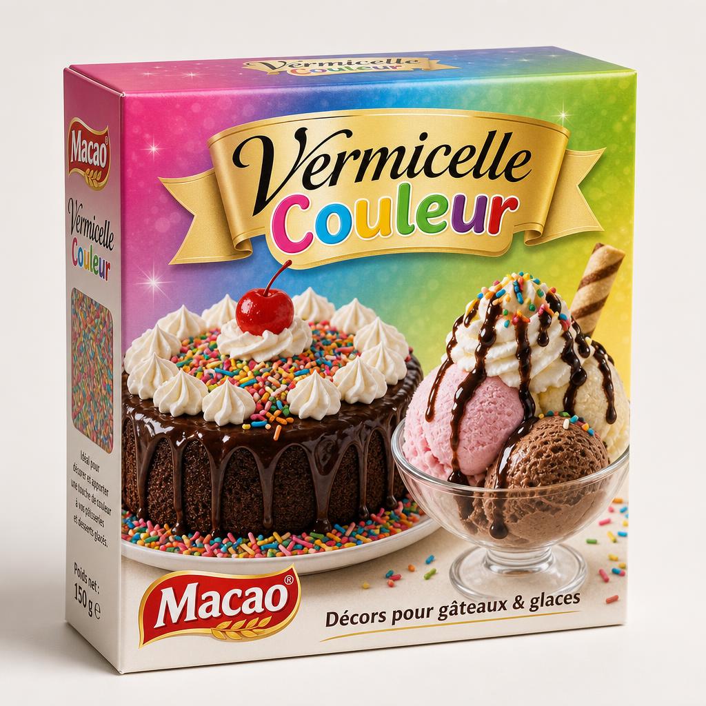 VERMICELLE COULEUR MACAO ( DECORS MULTICOLORS POUR GATEAUX ) 150G