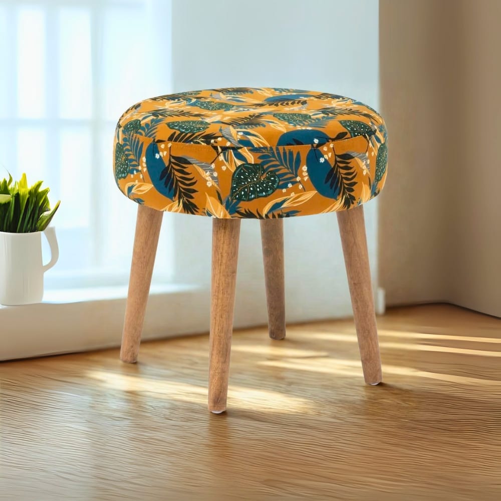 Tabouret d'appoint Sango velours imprimé feuilles ocres - Discount Sénégal