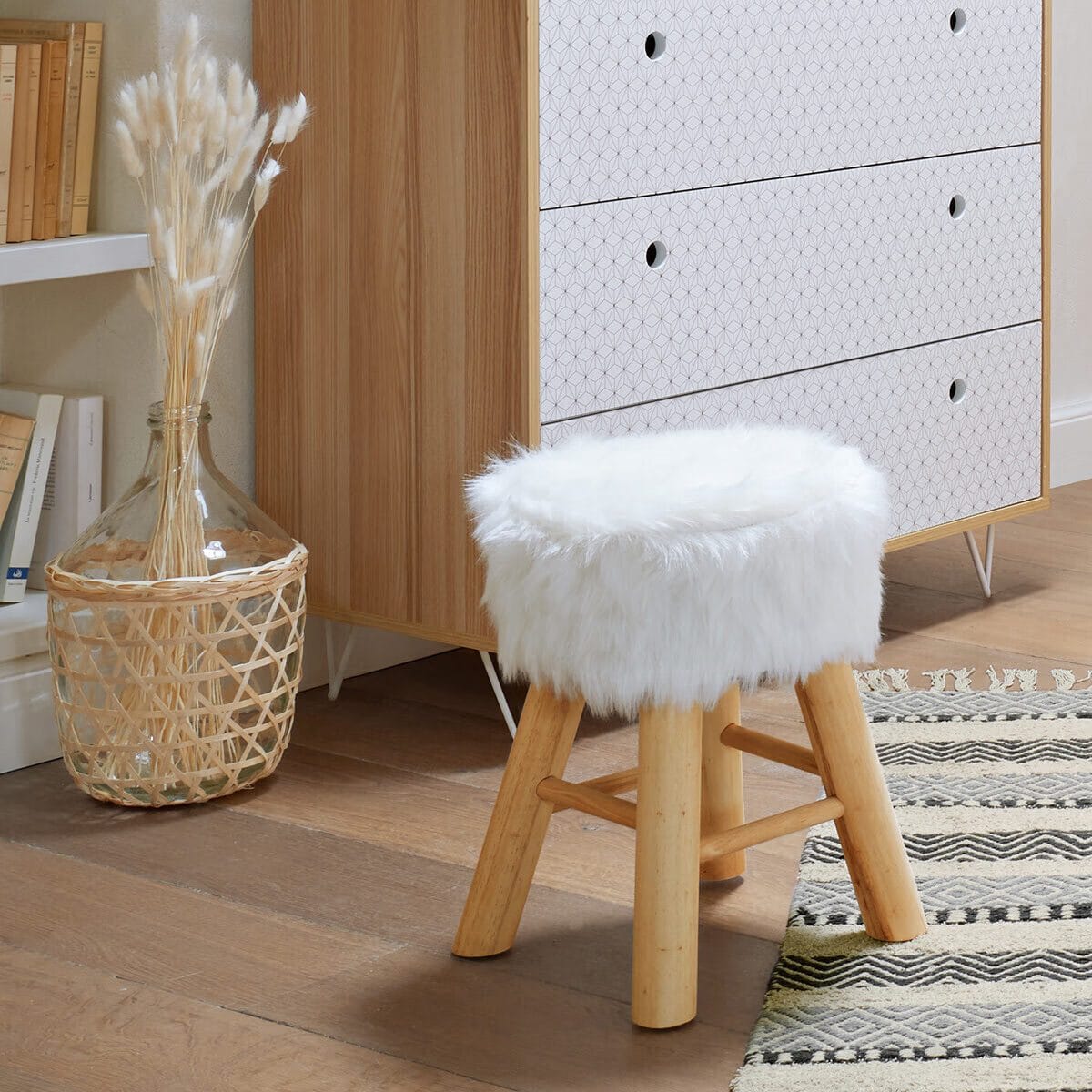 Tabouret d'appoint Oslo fourrure blanc - Discount Sénégal