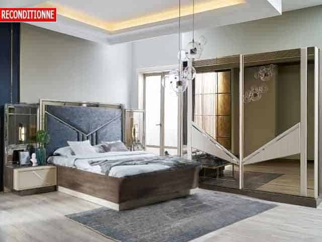 CHAMBRE A COUCHER 180X200 COMPLETE VALENTINA COULISS MARON/BEIGE RECZ